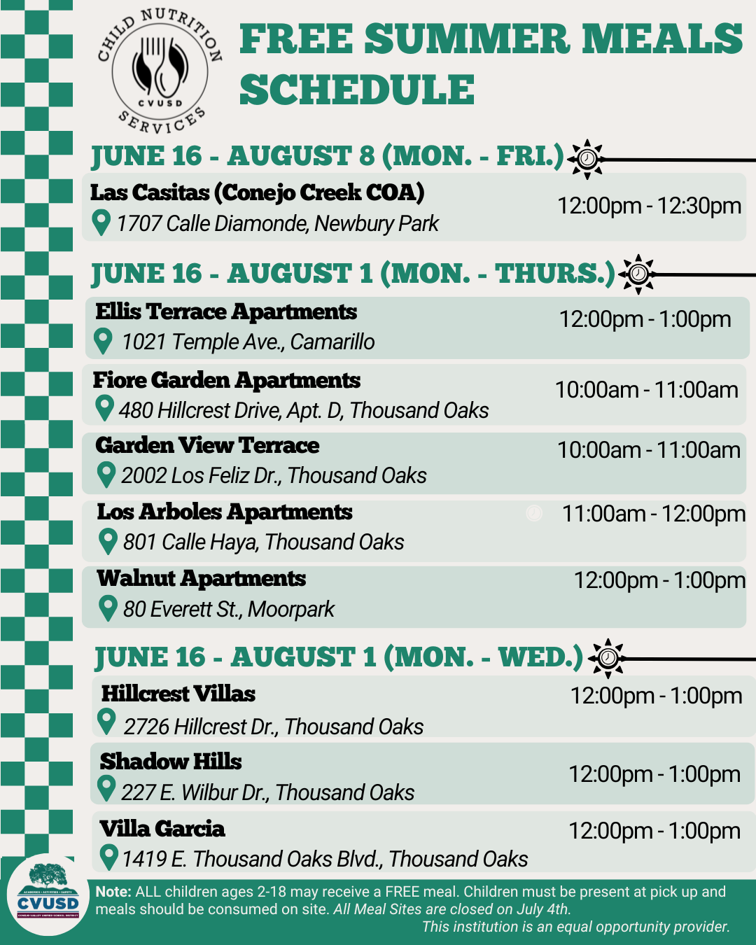 Free Summer Meal Schedule
